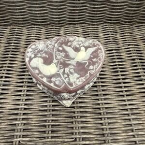 GENUINE INCOLAY Purple STONE HEART SHAPED CAMEO JEWELRY Trinket BOX W/DOVES USA